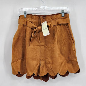 ee:some Suede Tan Scalloped High Rise Belted Shorts Size Large NWT